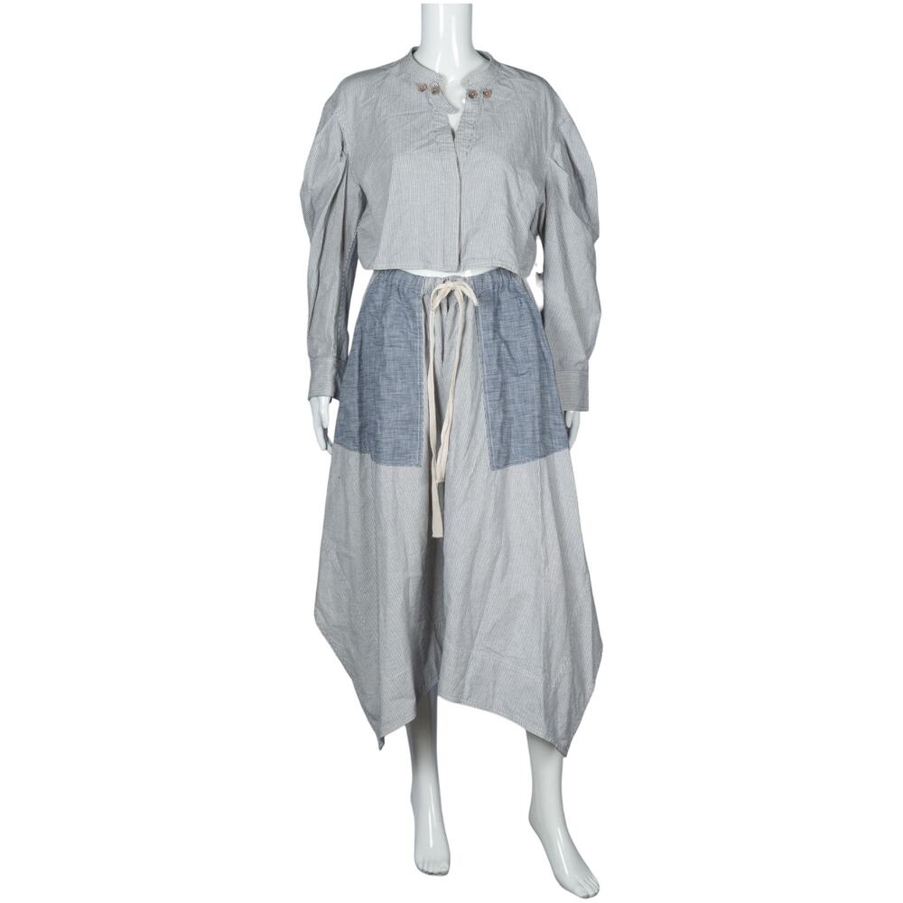 ULLA JOHNSON Blue Cotton Striped Leighton Asymmetric Maxi Dress Size L